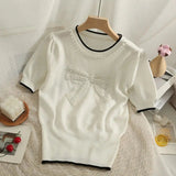 Bow Graphic Tee Knitting Tops for Women Crewneck Short - Sleeved Tee - Zeprah