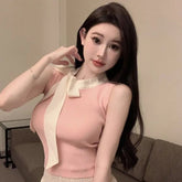 Bow Knitted Cropped Top Summer Basic tank Top Women's Tanks Knitting Camisole - Zeprah
