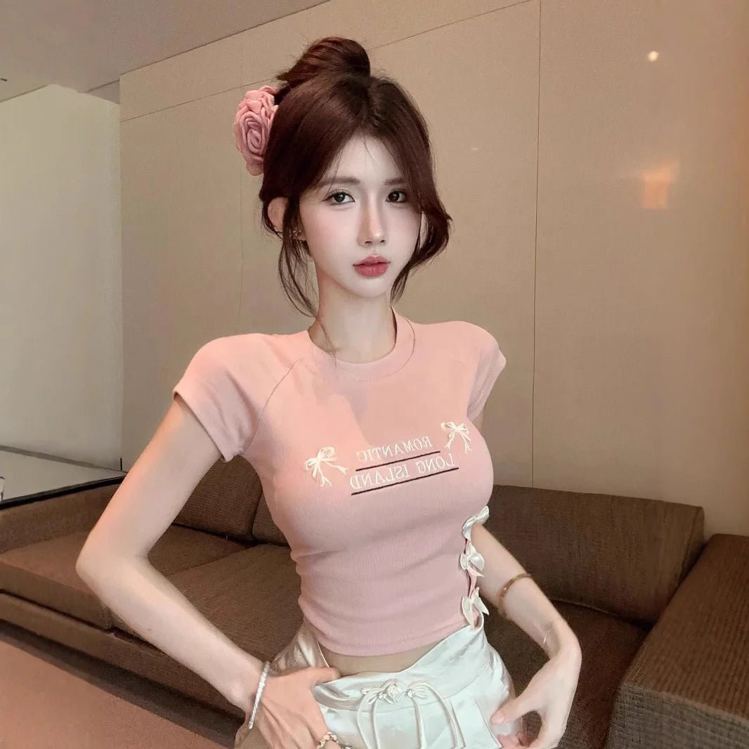 Bow Letter Printed Age - reducing Sweet Short Short - sleeved T-shirt Women's Summer Hollow Spice Girls Navel Design Top - Zeprah