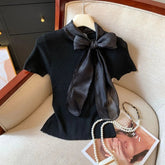 Bow Made of Lacing Short Sleeve Top Elegant Fashionable Tops for Women Simple Best Sale T-shirt for Women - Zeprah