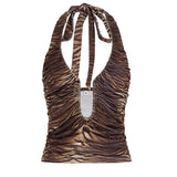 Breathable Eco - Friendly Spandex/Polyester Knitted Halter V - Neck Cami Digital Printed Animal Print Deep V - Tie Front Top - Zeprah
