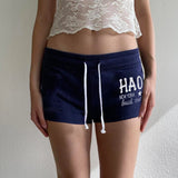 Breathable Washed Belt Low Rise Athletic Drawstring Shorts Women Letter Print Color Block Casual Workout - Zeprah