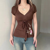 Brown Eco - Friendly Vintage Tie - Front V - Neck Floral T-Shirt New Chinese Embroidery Knit Top Stretch Comfort Fit Women's Blouse - Zeprah