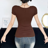 Brown Eco - Friendly Vintage Tie - Front V - Neck Floral T-Shirt New Chinese Embroidery Knit Top Stretch Comfort Fit Women's Blouse - Zeprah