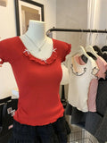 Build in Bra Sweet Ear Edge Contrast Color Crewneck Top Summer Pure Desire Spice Girls Bow Short Sleeve Shoulder T-Shirt - Zeprah