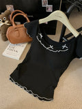 Build in Bra Sweet Ear Edge Contrast Color Crewneck Top Summer Pure Desire Spice Girls Bow Short Sleeve Shoulder T-Shirt - Zeprah