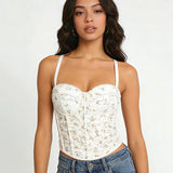 Bustier Top for Women Built - in Bra Padded Wire - Free Waist Cincher Floral Pearl Sequin Breathable Romantic Outerwear - Zeprah