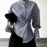 Buttoned Waist Casual Lapel Eco - Friendly 100% Polyester Office Shirt Women's Striped Color Block Long Sleeve Blouse for Regular - Zeprah