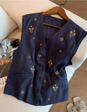 Summer Old Money Style Embroidered Sleeveless Top, Women V-Neck Loose Versatile Elegant Vest Tank Top