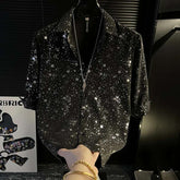Men Glitter Star Print Short Sleeve Shirt Shiny Silver Sequin Button Down Shirt Night Club Party Casual Shirts for Men