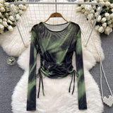 Tie-dye Base Shirt Mesh Drawing Rope Long Sleeve Base Shirt Versatile Chiffon Shirt