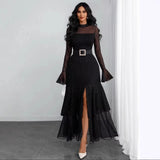Mesh Long Sleeve Polka Dot Maxi Dress Women Ruffle Flare Sleeve High Slit Mermaid Evening Dress