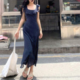Women Navy Blue Polka Dot Dress Square Neck Ruffle Cap Sleeve Backless Tie Waist Slim Chiffon Long Dress Vintage Summer Sundress