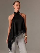 Women Satin Cowl Halter Neck Blouse Asymmetric Irregular Hem Lace Trim Sleeveless Elegant Daily Tank Top