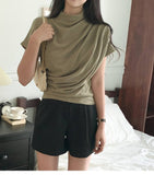 Women Mock Neck Draped Ruched Waist Short Sleeve Knit Top Slim Fitted Elegant Casual Blouse