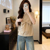 Women's Khaki Cross Wrap Bow Tie T-Shirt Asymmetrical Waist Short Sleeve Casual Loose Tops