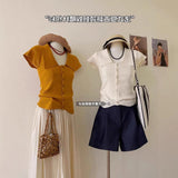 Women Lapel Cap Sleeve Knit Top Single Breasted Button Irregular Curved Hem Slim Fit Solid Casual Summer Cropped Knitted Blouse