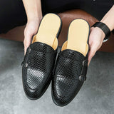 Closed Toe Men Mules PU Leather Monk Strap Design Backless Half Loafers Men Home Slippers