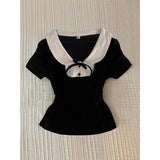 Black White Peter Pan Collar Blouse, Vintage Short Sleeve Fitted Top with Hollow Out Design
