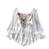Women Lace up Waist Puff Sleeve Ruffle Layered Mini Dress
