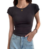 Crew Neck Side Ruched Short Sleeve T Shirt Women Stretch Slim Fit Basic Cropped Blouse
