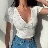 V Neck Wrap Floral Print Short Sleeve Crop Top Women Ruched Slim Fit Summer T-shirt