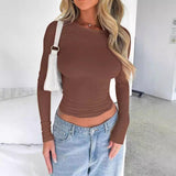 Women Long Sleeve Ruched Crop Top Solid Slim Fit Stretch Basic Y2K Cropped T Shirt Multi Color Casual Daily Ladies Tees