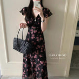 Women Black Base Pink Rose Floral Maxi Dress V Neck Lace Trim Flutter Cap Sleeve Slim Fit Mermaid Hem Chiffon Long Dress
