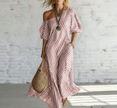 Women Striped Maxi Dress One Off Shoulder Puff Short Sleeve Loose Fit Pocket Flowy Hem Beach Vacation Long Dress