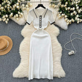 Women's Knit Ribbed Midi Dress, Elegant Short Sleeve Bodycon Sweater Dress with Button Detail for Office & Casual Wear