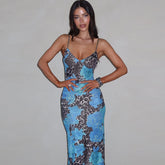 Women Spaghetti Strap V Neck Maxi Dress Blue Floral Leopard Print Bodycon Mixi Dress Slim Fit Long Dress