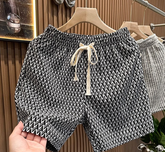 Men's Houndstooth Shorts, Casual Loose Fit Elastic Waist Drawstring Shorts, Vintage Black White Textured Knit Summer Shorts
