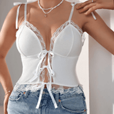 Cami Top with Bow and Lace Trim – Ribbed Knit Design - Zeprah