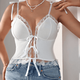 Cami Top with Bow and Lace Trim – Ribbed Knit Design - Zeprah