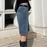 Casual Relaxed Fit Woven Denim Shorts Women's Low Rise Straight Leg Mid Length Ruched Simple Style Summer Solid Chemical - Zeprah