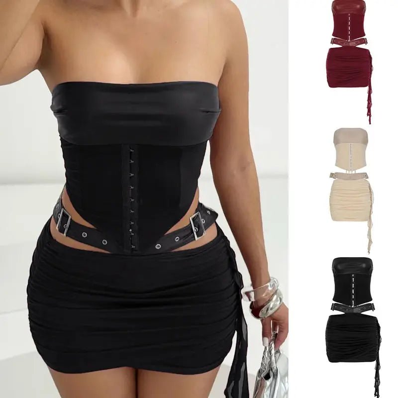Casual Streetwear Solid Color Sexy Lace - Up Knitting Collarless Panel Bustier Top with Cut - Out Detail and Mini Skirt - Zeprah