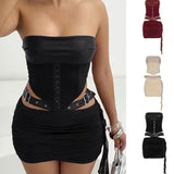 Casual Streetwear Solid Color Sexy Lace - Up Knitting Collarless Panel Bustier Top with Cut - Out Detail and Mini Skirt - Zeprah