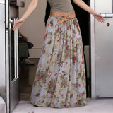 Casual Vacation Floral Print Knitted Maxi Skirt Natural Contrast Mesh Flared A - Line Hem Elastic Waistband Breathable - Zeprah