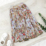 Casual Vacation Floral Print Knitted Maxi Skirt Natural Contrast Mesh Flared A - Line Hem Elastic Waistband Breathable - Zeprah