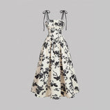 Vintage Floral Print Tie Strap Spaghetti Strap Swing Midi Sundress