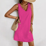 Women Eyelet Embroidery Sleeveless Mini Dress V Neck Lace Strap Casual Summer Beach Shift Dress