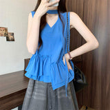 Women's Summer Sleeveless V Neck Blouse Choker Neckline Ruffle Hem Irregular Hem Flowy Tank Top Casual Loose Vest Tops