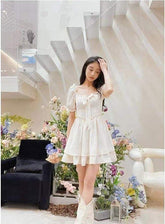Square Collar Dress Innocent - Seductive Style Women's Dresses Puff Sleeve Waist Skirt