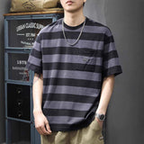 Men's Striped T-shirt with Chest Pocket Oversized Casual Short Sleeve Streetwear Tee for Men