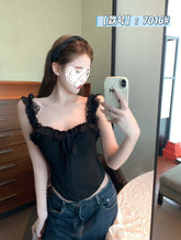 Women Built in Padded Lace Ruffle Spaghetti Strap Corset Tank Top Front Tie up Boned Slim Fitted Irregular Hem Camisole Vest