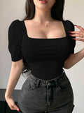 Women Square Neck Puff Short Sleeve Ribbed Knit T Shirt Slim Fit Stretch Fitted Basic Crop Top Casual Daily Tees