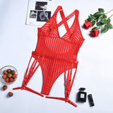 New European & American Style Set: Sexy Women's Mesh Stripe Garter Bodysuit