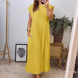 Women Solid Pleated Maxi Dress Loose A-Line Long Dress Casual Elegant Daily Straight Pleated Sundress