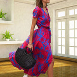 Women Floral Print Midi Dress V Neck Short Sleeve Self Tie Waist Split Hem Satin Flowy Vacation Beach Casual Wrap Dress