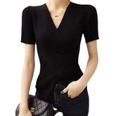 New Arrival Women's Wrap V-Neck Knit Short Sleeve Top with Ribbed Texture & Asymmetrical Hem